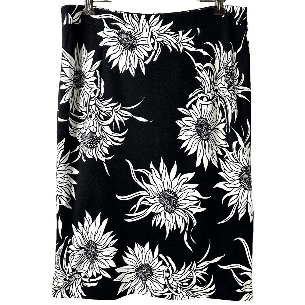 Anna Rachele Women's Floral Black & White Pencil Lined Midi Skirt Sz 8/44 Italy